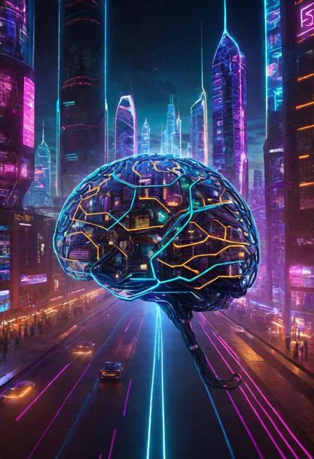 Advanced cyber-brain, network of glowing connections, high-tech, ultra-detailed circuitry, set against a backdrop of a futuristic cityscape, neon glows, AI-driven, interactive interfaces, depth of field, showcasing human-machine fusion, in a dynamic pose, UHD clarity.