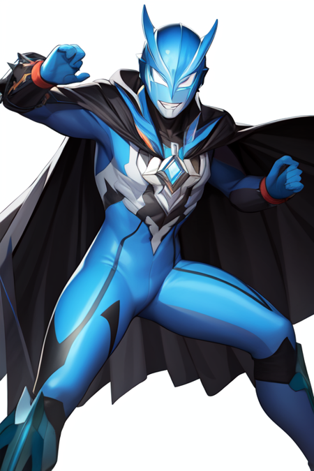 allultraman, mask, helmet, straight-on, white gloves, fighting stance, 1girl, spikes, grin, cape, blue bodysuit, single horn, blue eyes