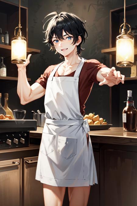 AxiaKrone, blue eyes, black hair, 1boy, solo, smile, standing, dynamic pose, <lora:AxiaKrone-03:0.4>, 8k, masterpiece, best quality, absurdres, perfect anatomy, cinematic lighting, cowboy shot, (naked apron:1.1),