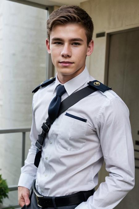 realistic, sfw, an attractive 18 years old fit caucasian boy standing, smug, full body shot, police uniform, <lora:josshduckworth_lora:0.7>, josshduckworth,