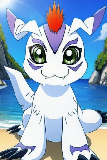 ((masterpiece,best quality)),best res,),good anatomy,cute,ultra cute face,smiling,extremely detailed face,4k,happy, upper body,,detailed eyes,beautiful,smiling,,cute,very cute,, solo,, smile, tail,upper body,,gomamon,middle of a beach,standing,tail,