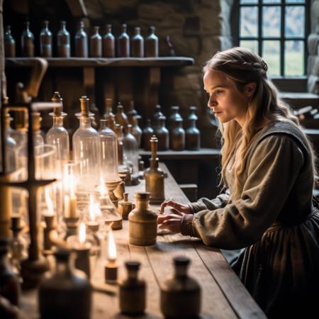 highly detailed analog photo of lab assistant working in a medieval laboratory,

solo, 1girl, solo, long hair, blonde hair, long sleeves, dress, indoors, blurry, window, profile, depth of field, table, ring , bottle, medium breasts, plant, quill,  (realistic:1.3), (medieval laboratory:1.1), (professional lighting:1.2)

masterpiece, best quality, 8k,
motion blur, intricate details, depth of field,

(analogue photography:1.1),
(shadow play:1.4),



