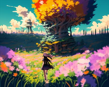 a girl in a grassy field with a beautiful explosion in the distance, by clrs