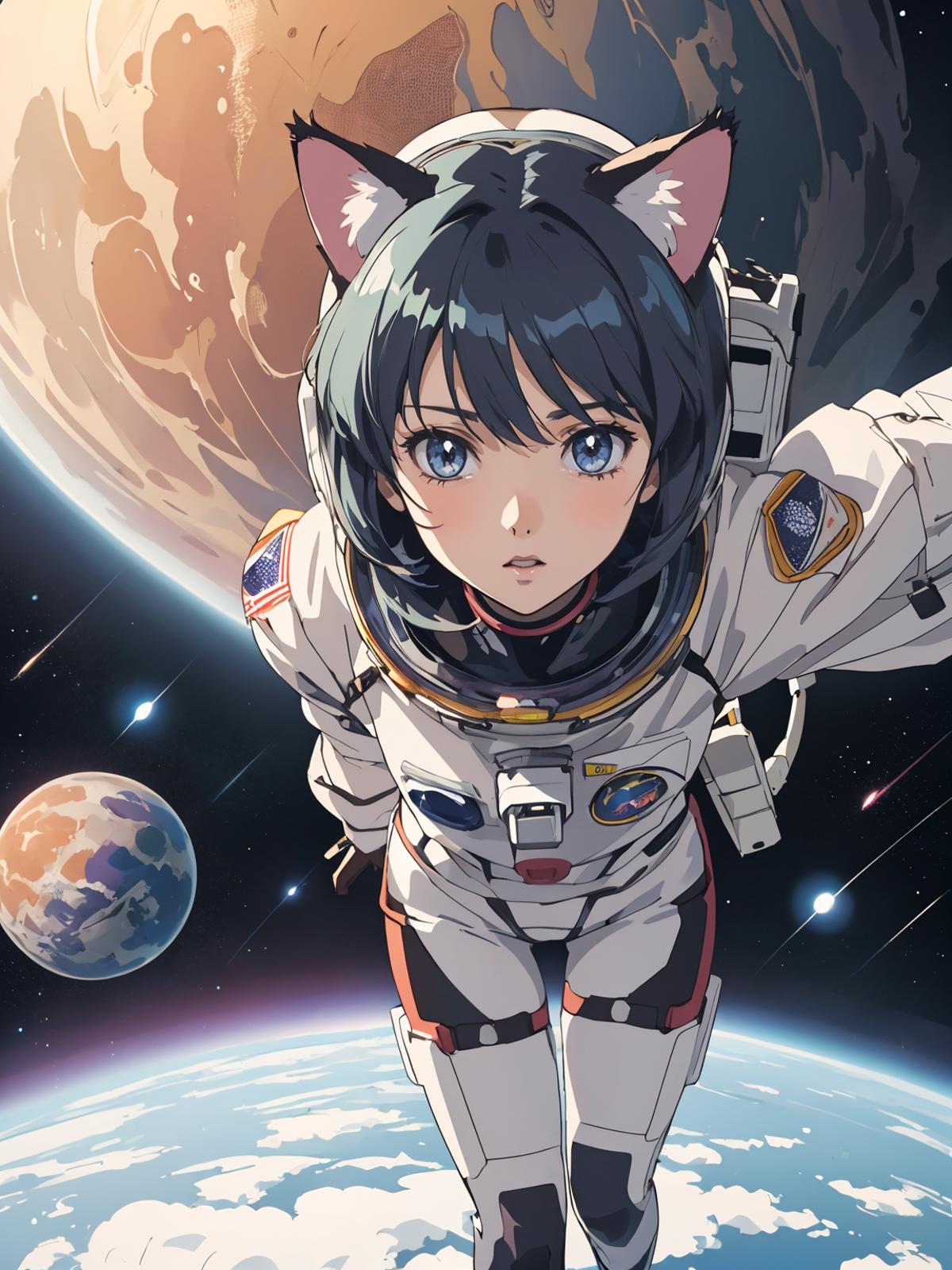 Anime girl in a white space suit with a blue helmet and blue eyes.