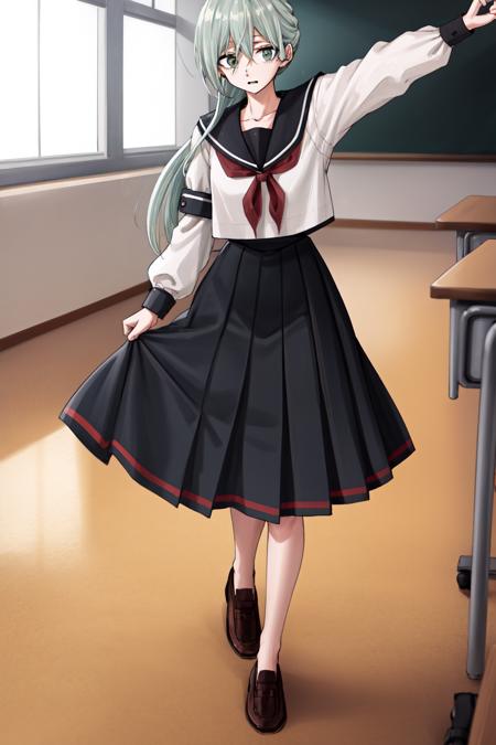 masterpiece, best quality, highres, Sharp focus, dslr photo, HD, UHD, 8K, school, classroom, subaru hoshina, 1girl, solo, long hair, skirt, shirt, long sleeves,   school uniform, ponytail, grey hair, pleated skirt, shoes, serafuku, puffy sleeves, sailor collar, black footwear, neckerchief, brown footwear,  loafers, Dancing in a cha-cha-cha pose <lora:HoshinaSubaruV2:0.85>