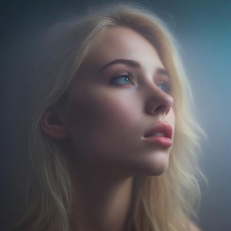 Beautiful blonde Young woman, 20 years old, cute face ,profile, looking slightly upward, moody, hazy, foggy, neon lights break through the dense fog, artsy, pop album cover shot, graphic design background, close up on woman's face