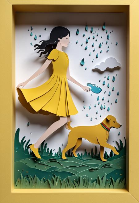 3D papercut shadow box of a girl in a yellow dress is running with her dog, puddles, raining award winning photo, in the rain, puddle of water, highly detailed water colour 8 k, highly detailed water colour 8k, closeup shot, water puddles, on a rainy day, illustration!, puddles of water, raining!, rain splashing, illustrative art . Layered, dimensional, depth, silhouette, shadow, papercut, handmade, high contrast