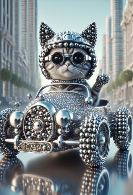 (made of Chrome Ball bearings:1.3), cute small classic sports car, cat driving on, wear round goggles, wear animal ears helmet, view from side, run through on city Chrome Ball bearings road, cinematic, cinematic lighting, (masterpiece, best quality:1.4), ultra-high res, 4k, Photorealistic, insanely detailed, sfw,