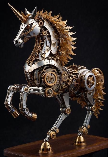 A unicorn built from intricate clockwork gears and WORLD MORPH LEAVES, its metallic body etched with glowing runes. Steam rises gently from its joints, and its mane is composed of rotating golden filaments. The horn is a crystalline spire, rotating like a drill that opens portals as it moves. The setting is a dreamlike steampunk world of floating islands, airships, and perpetual twilight. Mechanical, surreal, and mesmerizing. <lora:World Morph Leaves:1>