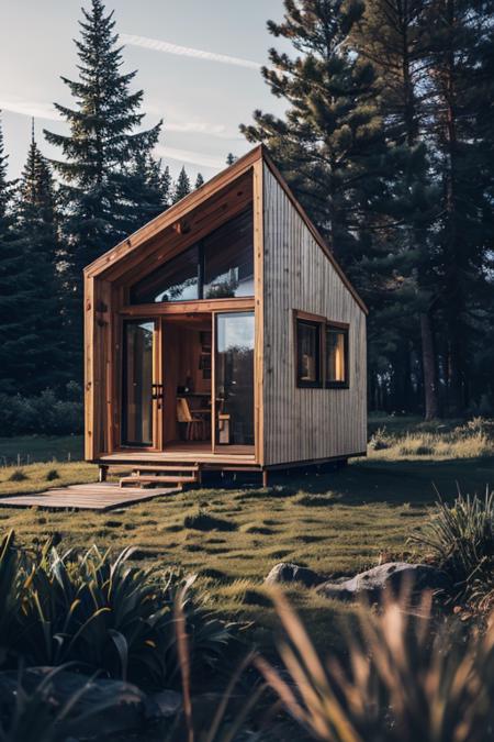 exteriortinyhouse  exterior tiny house triangle shape in forest, grass, white panel, morning, ((masterpiece)), realistic, epic, details, grass, <lora:ARWexteriortinyhouse:1>