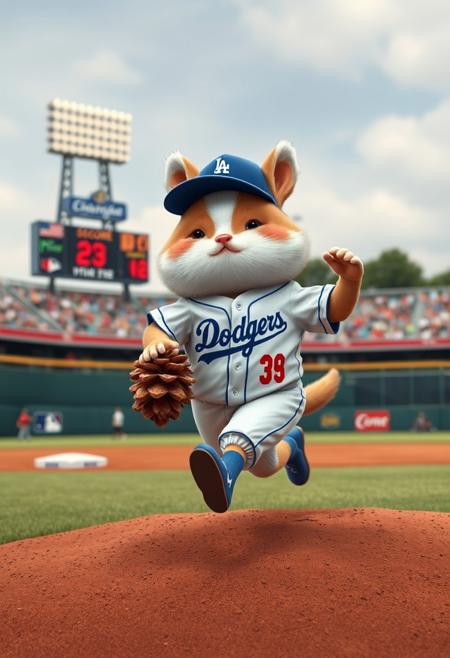 ral-pinecone, score_9, score_8_up, score_7_up, located at a baseball field ((Koikelhondie runs from the mound to the home with a pine cone)) wearing a Dodgers uniform, adorable expression,
