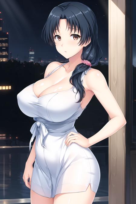 (Night:1.7), Cyberpunk_CityView, Before Window,
(Standing:1.7) at attention,
Blue_dress ,bare_shoulders, collarbone, 
<lora:Miyuri_Natsuki_Tsumamigui3-KK77-V1:0.7>,bare legs, 
black_hair,brown_eyes,hair_ornament,hairclip,side ponytail, single braid, Bangs,
1 girl, 20yo,mature female,Beautiful Finger,Beautiful long legs,Beautiful body,Beautiful Nose,Beautiful character design, perfect eyes, perfect face,
looking at viewer, (innocent_big_eyes:1.0),(expressionless:1.3),
NSFW,official art,extremely detailed CG unity 8k wallpaper, perfect lighting,Colorful, Bright_Front_face_Lighting,
(masterpiece:1.0),(best_quality:1.0), ultra high res,4K,ultra-detailed,
photography, 8K, HDR, highres, absurdres:1.2, Kodak portra 400, film grain, blurry background, bokeh:1.2, lens flare, (vibrant_color:1.2)
(Beautiful,large_Breasts:1.4), (beautiful_face:1.5),(narrow_waist),