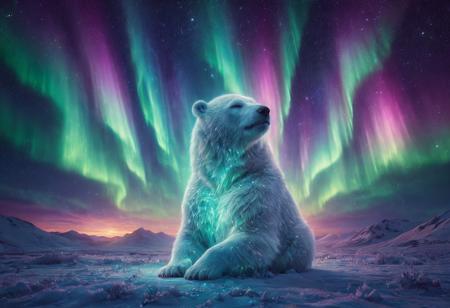 morph-aurora, aidmamj6.1 
bioluminescent polar bear meditating under aurora skies, made of glowing crystals, abstract dreamscape background, ethereal glow












