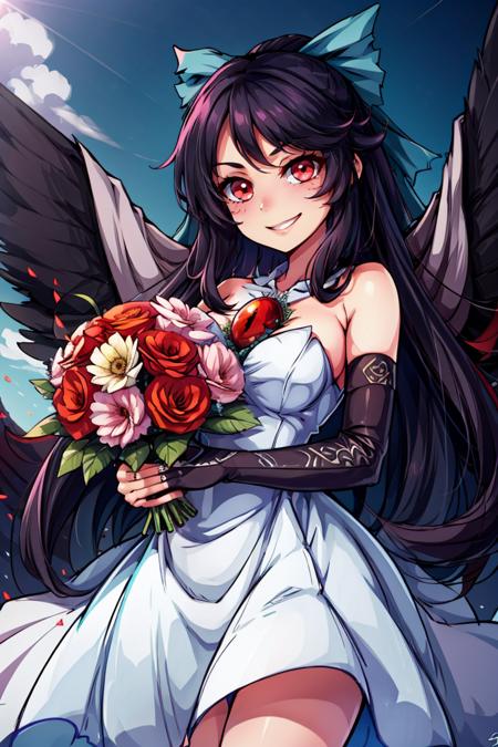 Reiuji_Utsuho_Touhou,  1girl, reiuji utsuho, solo, bow, long hair, third eye, red eyes, black wings, bird wings, arm cannon, green skirt,