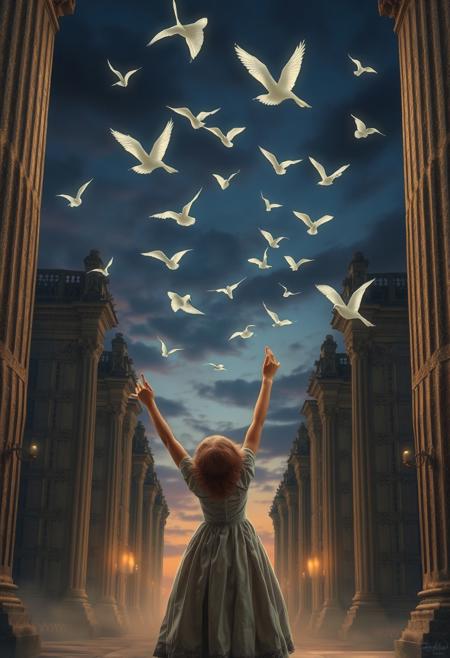 A young girl in Victorian attire releases paper birds into a sky filled with colossal ruins, bathed in twilight and divine light., ethereal female figures, antique fashion, soft muted colors, symbolic imagery, classical architecture, glowing light, baroque interiors, dreamlike atmosphere, mystical realism, intricate detailing, sacred geometry, allegorical storytelling, vintage textures, ornamental design, grand structures, floating compositions, spiritual undertones, chiaroscuro lighting, surreal elegance
