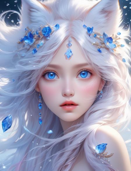 (masterpiece,best quality:1.5),masterpiece, best quality, official art, extremely detailed cg 8k wallpaper, (flying petals) (detailed ice) , crystals texture skin, cold expression, ((fox ears)), white hair, long hair, messy hair, blue eye, looking at viewer, extremely delicate and beautiful, water, ((beauty detailed eye)), highly detailed, cinematic lighting, ((beautiful face), fine water surface, (original figure painting), ultra- detailed, incredibly detailed, (an extremely delicate and beautiful), beautiful eyes
 upperbody, eyes detail, mysterious