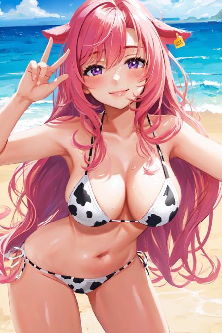 cow bikini, 1girl, smile, pink hair, wave hair, purple eyes, detail eyes,  beach, large breasts, standing, lips, moist lips,