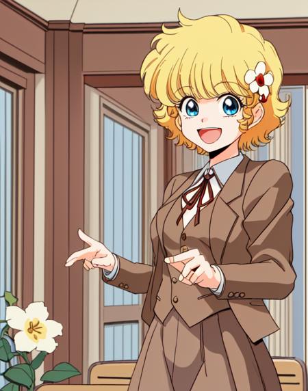 high res, c-ko, 1girl, blonde hair, blue eyes, short hair, flower, cute, upper body, school uniform, brown jacket, brown skirt, necktie, indoors at school, overly happy , happy,   <lora:Project_A-Ko-000013:1>