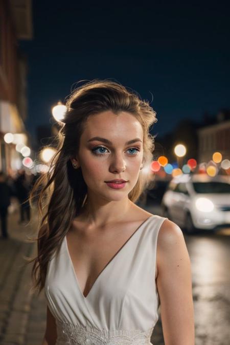 instagram photo, closeup face photo, young dutch woman, wearing a dress, beautiful face, makeup, night city street, bokeh, motion blur