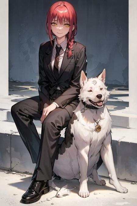 1girl, animal, bangs, black footwear, black necktie, black pants, braid, braided ponytail, business suit, collared shirt, dog, formal, high-waist pants, holding, holding animal, light smile, looking at viewer, makima \(chainsaw man\), necktie, pants, ringed eyes, shirt, shirt tucked in, sitting, smile, suit, water, white shirt, yellow eyes