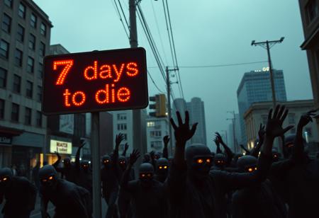 photo , Film Still, Cinematic ,Blanco Brown - city sign reads '7 days to die' , Zombies hoard attack suriviors, urban decay, glowing eyes, in every shadow death does embark