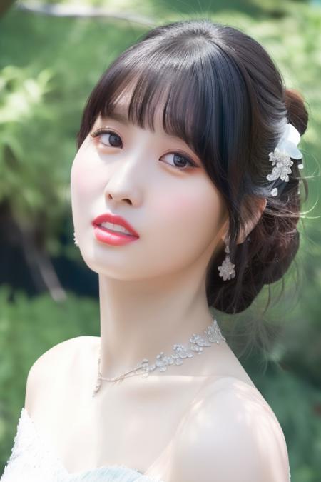 <lora:twiceMomoV1:1>,Momo,Eunha(close-up photo:1.2),(pov:1.1),korean, woman, complex 3d render ultra detailed, portrait of beautiful woman, moody portrait, striking features, beauty, intricate details, dramatic composition, tension, contrast, texture, realism, high-quality rendering, stunning art, high quality, film grain, Fujifilm XT3,swirly bokeh,(realistic, photo-realistic:1.4),RAW photo,physically-based rendering,(looking at viewer:1.4),(8k, best quality, masterpiece:1.2),(full body shot:1.1),octane render,extremely detailed CG, unity 8k wallpaper,in forest,(studio soft light,sunlight:1.1),standing,(a girl is wearing wedding dress:1.5),hyper realistic detail shiny skin,ultra detailed,(ultra realistic:1.1),(intricate:1.2),(photorealistic:1.1),1girl,(skinny:1.3),detailed background