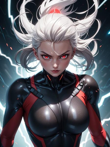 masterpiece, realistic, 
white hair, glowing red eyes, muscular woman, intense expression, futuristic bodysuit, black and red outfit, electricity, lightning effects, highly detailed, dynamic pose, energy aura, wind-blown hair, dramatic lighting, glowing aura, sci-fi, powerful stance, battle-ready, glowing energy, sharp details, anime-style, powerful female character