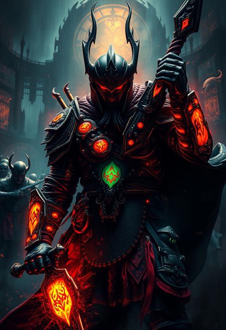 Epic dark fantasy vibrantly colored hyperdetailed ink art depicting a legendary warrior in defiance against impossible odds. Strong top lighting effect. Bioluminescent glowing armor and weapon accessories. Volumetric lighting. Chiaroscuro oil painting by Caravaggio. Deep glow effect, cinematic light bloom, cinematic lens flare. Grimdark, gritty, intense, volatile. Hypermaximalism. Motion blur. Full-frame fisheye lens. 32K cinematic hyperrealistic fantasy ultradetailed masterpiece.