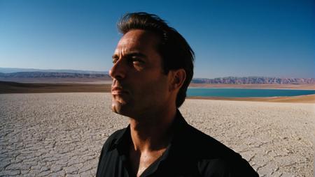 masterpiece+++ ,photo of a man, dark shot, dramatic, extremely detailed++, intricate, by Greg Rutkowski, photo+++,PA7_sdxl-Photo, photojournalism, desert,treeless desert,,realistic , Kodak Motion Picture Film, depth of field, cinematic film still,masterpiece+++ ,photo, dark shot, dramatic, extremely detailed++, intricate, photo+++,sun,scorching sun,blazing sun,dead sea,dry sea,cold