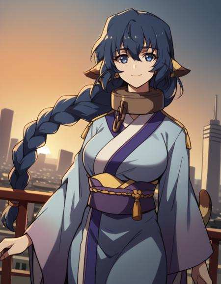 karura, blue hair, animal ears, blue eyes, long hair, braided ponytail, large breasts, tail, japanese clothes, kimono, collar, metal collar,