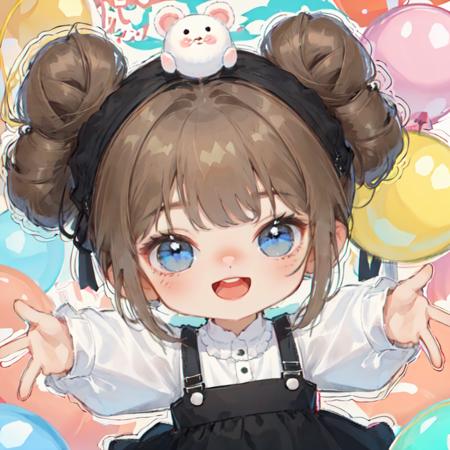 WW_Q, chibi,1girl, :3, :d, = =, angora rabbit, animal, animal bag, animal on head, bangs, bear, bird, black skirt, blush, brown hair, bunny, clothed animal, cow, creature, double bun, dress, ghost, hair bun, hair rings, hair up, hamster, jewelry, long sleeves, mouse, mouse ears, on head, open mouth, outline, outstretched arms, panda, pig, pokemon \(creature\), puffy sleeves, sheep, shirt, side bun, sidelocks, skirt, smile, snowman, solid circle eyes, stuffed animal, stuffed bunny, stuffed toy, suspender skirt, suspenders, teddy bear, teeth, twitter username, upper teeth, virtual youtuber, white outline, white shirt, kero, kirby, manjuu \(azur lane\), medjed \(fate\), monokuma, moogle, tippy \(gochiusa\), solo, looking at viewer, blue eyes, sleeveless, signature, black dress, bracelet, sleeveless dress, upper teeth only, light brown hair, puffy long sleeves, pinafore dress, balloon