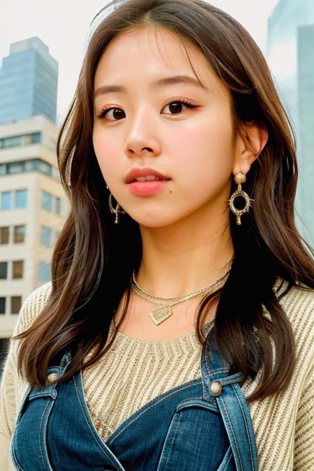 RAW photo,1girl,solo,chaeyo,brown hair,sweater,earring,((detailed:1.2)),(photorealistic:0.8),photoshoot,masterpiece,best quality,sun lighting ,city background, high quality, film grain,looking at viewer  <lora:chaeyoung_V1.1-000005:0.7>