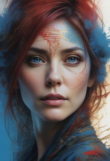 Woman 40 years old with fine hightech skin details, detailed face, sf, intricate artwork masterpiece, blue and red pastel ratio, background is the earth planet on golden hour, ominous, matte painting movie poster, by Carne Griffiths