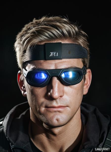 ( <lora:KirkDouglas:.8>)  Portrait photo of (kd1) man with short blonde hair, Detailed face, (perfect eyes), (realistic matte skin:1.1), perfect body, wearing  ((Tactical black outfit with night vision goggles )), Modelshoot style, Professional Photography, soft  lighting, PHOTOREALISTIC, Realistic, standing in a dark studio background, blurred background, volumetric fog,. RAW, analog style, sharp focus, 8k, HD, DSLR, high quality, Fujifilm XT3, film grain, award winning, masterpiece,