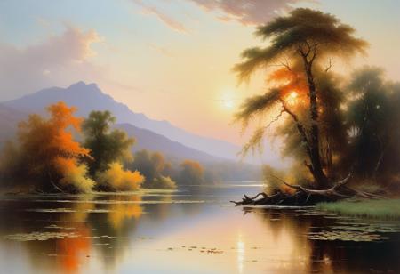 <lora:10NaturalismPainting_Hap_XL:1.5>,  Thomas Moran style, oil painting, nature, The first image captures a dramatic, expansive landscape bathed in the golden hues of a setting sun. The scene is dominated by a large body of water reflecting the light of the sun, surrounded by lush greenery and silhouetted trees. The sky is a blend of turquoise and warm oranges, creating a mesmerizing contrast. The peaceful water is dotted with lily pads, and a fallen tree branch extends into the water, adding to the tranquil yet evocative ambiance.