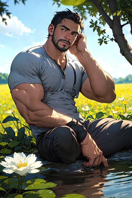 Best quality, masterpiece, expressionless,ultra high res,detailed background,realistic,1man,solo,male,muscular,mature male,short hair,facial hair,sitting,water,flower field,real shadow and light,depth of field, <lora:envybetterhandsLocon_beta1:1>