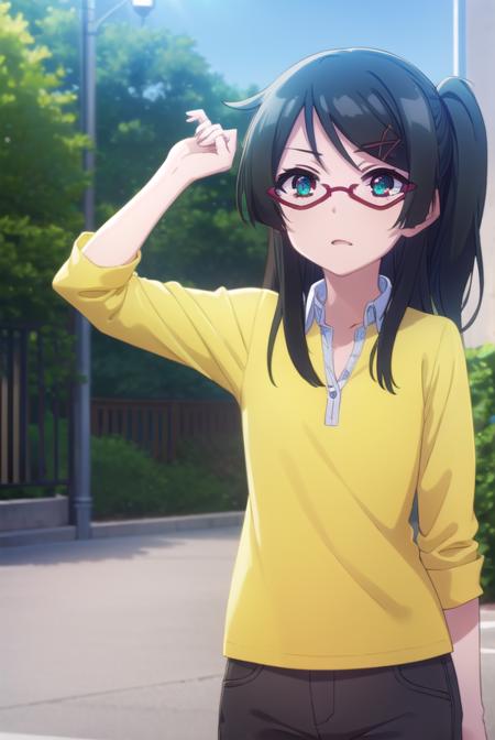 suzuka kurihara, long hair, black hair, hair ornament, (green eyes:1.3), glasses, hairclip, one side up, red-framed eyewear, shirt, yellow shirt, collared shirt, shorts,