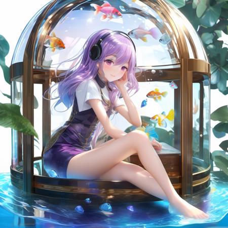 shs style,[(Transparent background:1.5)::5],(((masterpiece))),(((best quality))),(((extremely detailed))),illustration, 1girl,solo,mysterious,vivid color,shiny, underwater transparent sealed hemispherical glass dome, (white hair),(purple eyes), full body,barefoot,long hair tranquil nature, koi,Underwater, Dome,close up,Dynamic actions,Lens perspective,(((Box composition))),sit cross-legged and lean against the bookshel, volumetric lighting, multi-color eyes, detailed eyes, hyper detailed,light smile, highly detailed, beautiful, small details, ultra detailed, best quality, intricate, 4k, 8k, trending on artstation, good anatomy, beautiful lighting, award-winning,