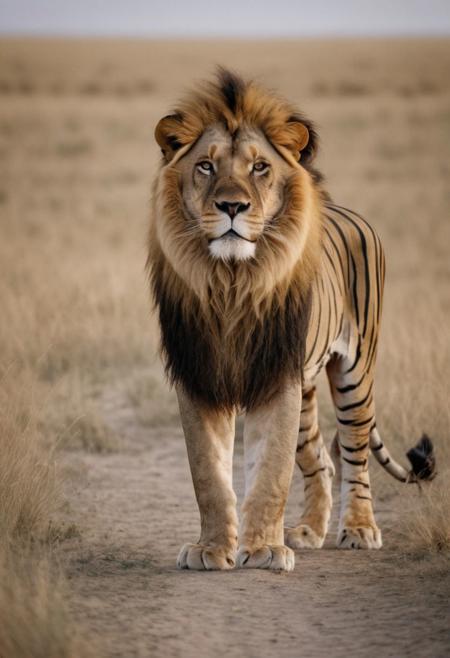 (analog photo) of a male lion with tiger stripes on the body and face standing in the savanna, masterpiece, Fine art photography, award winning photography