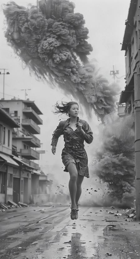 grayscale old photo, damaged, early 19th century, masterpiece, dark undertones, highly detailed, epic, 
a huge bomber with explosion, engulfed by black powder explosion, the moment a bomb targeting an anti-aircraft couple explodes in the air on the streets of sarajevo, 
a woman running on the street outworn detailed old cyberpunk Samurai  very long robes, the surrounding crowd runs away in surprise, motion blur, dynamic pose, 
street scene, people running, shock, debris, historical event, dramatic, fear, urban chaos, escape, action-captured, chaos, 
<lora:oldPhotoV1:0.9>, <lora:PowderExplosion_v1.0:0.9>,