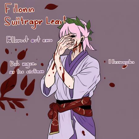 ancient roman clothes, pink hair, standing, interlocked fingers, elbow gloves, v-shaped eyebrows, hand on own face, blood on hands, leaf, copyright name, flying sweatdrops, transparent background, purple lips, ;d, kimono, toned male, axe, from below, braid, bound wrists, scar on face, clothing cutout