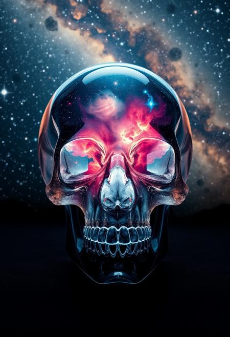 a crystal skull with nebulae inside in front of a starry space scene,