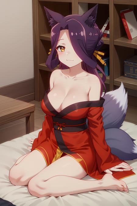 best quality, masterpiece, detailed,
<lora:SewayakiKitsune_Sora:0.8>, KitsuneSora,
1girl, light smile, :3,
purple hair, yellow eyes, long hair, fox ears, hair ornament, hair over one eye, multiple tails,
japanese clothes, red dress, bare shoulders, cleavage, large breasts, barefoot,
sitting, looking at viewer,
bed