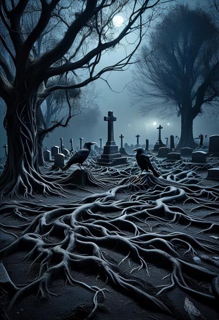 crows made out of winding black roots, crow focus, somber, glow, autumn, cold, misty cemetery background being overtaken by black roots, roots, black vines, night time, night sky, abandoned and silent, A calm meditative mood enhanced by the soft glow and deep shadows. Ls. industrial, honeycomb pattern etched into ground, ruins, dark,
PG-TR