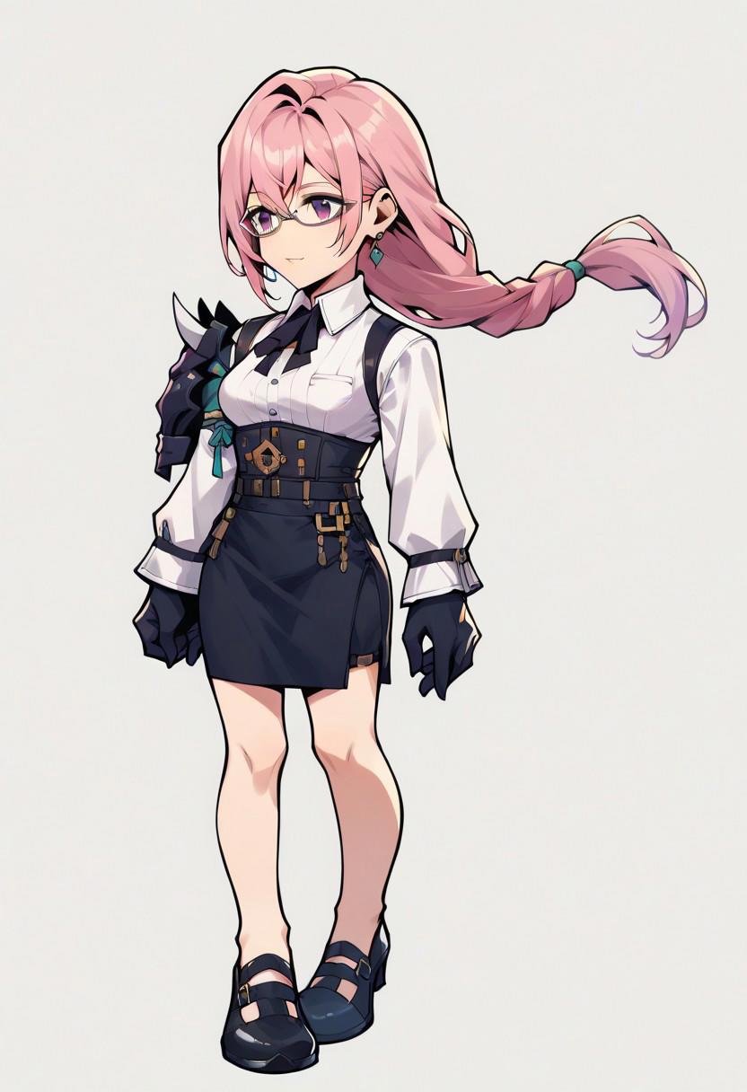 score_9,score_8_up,score_7_up,score_6_up, Yanagi, earrings, pink hair, long hair, purple eyes, braided ponytail, glasses, under-rim eyewear, white shirt, collared shirt, long sleeves, white sleeves, shoulder armor, black gloves, black skirt, high-waist skirt.operaomniastyle, full body, white background   Expressiveh, zPDXL3,