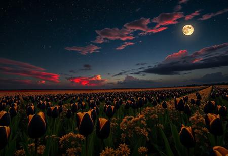 (((Black and gold tulips))), extremely detailed sky, from a high cliff, starry sky, dark night, moon on fire, fields of black and gold tulips, beautiful fields, very bright, vibrant clouds, red clouds, storm coming, 8k wallpaper, romantic, perfect quality, very detailed, beautiful