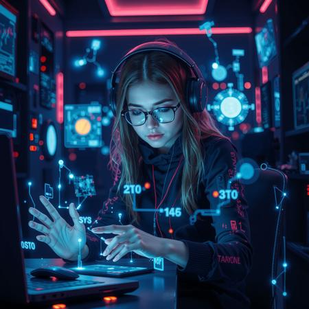 cinematic photo a futuristic hacker girl with holographic interfaces surrounding her, manipulating data streams while sitting in a dark, neon-lit room. 35mm photograph, film, bokeh, professional, 4k, highly detailed