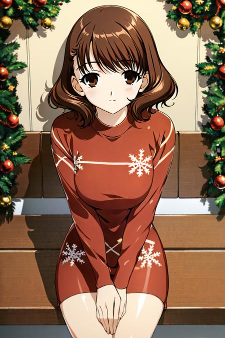 OomuraYumi, masterpiece, best quality, masterpiece, best quality, sharpened, perfect eyes, 1girl (brown hair, brown eyes, short hair), christmas theme, christmas dress, christmas sweater, long sleeves, leggings, sitting<lora:OomuraYumiV1-8NR:1>