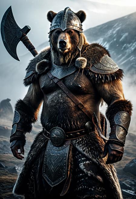 (masterpiece), (best quality), ultra-detailed, photorealistic, rugged grizzly bear, powerful build, covered in battle scars, wearing detailed Viking armor, fur cloak, horned helmet, war axe on back, tribal war paint, cold misty battlefield, cinematic lighting, norse mythology theme, epic fantasy art, ambient fog, intense expression, dramatic backlight