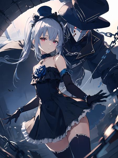 masterpiece,best quality,highres,cinematic lighting,dramatic angle,<lora:OrchisV2-000038:0.8>,1girl,1boy,1other,Lloyd,marinoette,1boy,silver hair,red eyes,black dress;top hat,blue rose;mask,detached sleeves;claws,black thighhighs;jacket,frills,elbow gloves,puppet strings,depth of field,doll,twintails,1girl with silver hair and twintails along with her marionette called Lloyd,cowboy shot,chain,monster,looking at viewer